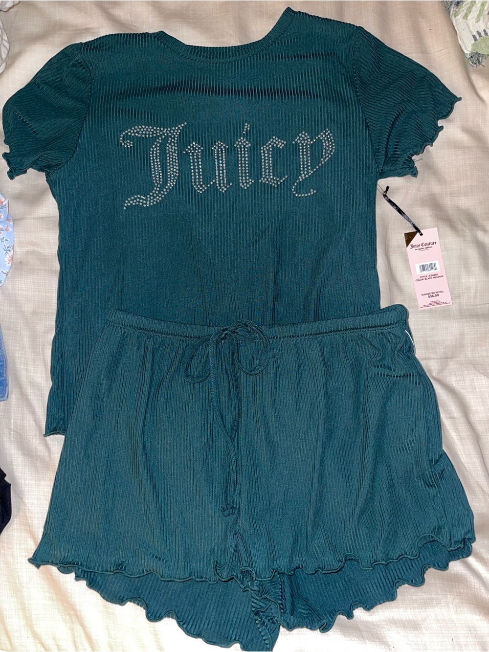 Juicy Couture Teal Ribbed Short Pajama Set with Rhinestone Juicy Logo